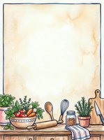 Watercolor kitchen scene with herbs, vegetables and utensils framing a blank parchment space for text, recipe cards or menu design.