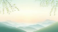 Serene mountain landscape at dawn with hanging willow branches framing misty peaks in soft green and peach tones, creating tranquil nature scenery.