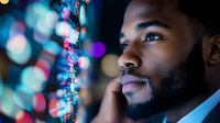 Young African American businessman in suit contemplating future with colorful bokeh lights background representing innovation and technology in corporate environment.