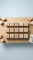 Wooden blocks with mental health symbols including yoga poses, brain icons and emotion faces arranged on desk for wellness and mindfulness concepts.
