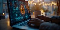 Laptop screen displaying digital security lock icon with binary code background while person types in dimly lit cafe with bokeh lights, cybersecurity concept.