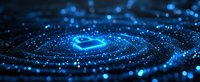 Glowing blue digital processor chip surrounded by luminous particle waves and bokeh effects on dark background, futuristic technology concept.