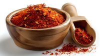 Ground red chili pepper powder in wooden bowl and scoop on white background, bright vibrant spicy seasoning for cooking and flavoring food.