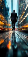 Businessman walking on reflective street at night with motion blur effect and dramatic urban lights creating futuristic cityscape atmosphere.