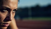 Determined female athlete with sweat drops on face showing intense focus and motivation during outdoor training session on running track.