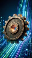 Ancient bronze gear with mystical engravings floating in digital cyberspace with glowing blue data streams and binary code matrix background for technology concepts.