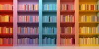 Colorful rainbow bookshelf sections with books arranged by color from red to yellow, creating an aesthetic library display for interior design and decoration.