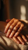Close-up of well-groomed hands with natural manicure resting on soft fabric in warm lighting, creating intimate atmosphere for spa or wellness content.