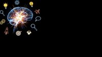 Human brain with glowing neural networks surrounded by innovation icons on black background for creative thinking and brainstorming concepts.