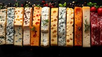 Various cheese slices arranged in row with herbs and spices on dark background, including blue cheese, cheddar, and salami, garnished with fresh rosemary and peppercorns.