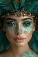 Young woman with teal feather headdress, gold jewelry crown, and turquoise glitter makeup for carnival, festival, or fantasy fashion photography.