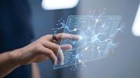 Businessman touching transparent digital tablet with glowing network connections and data visualization in modern office environment for technology presentations.