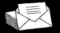 Hand-drawn envelope with letter and stack of papers in black ink sketch style on transparent background for correspondence and communication designs.