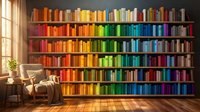 Colorful rainbow bookshelf wall with organized books by color creating vibrant library display in cozy reading room with armchair and natural light.
