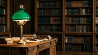 Green desk lamp with brass base on wooden table in library study room with bookshelves, suitable for interior design and educational content.