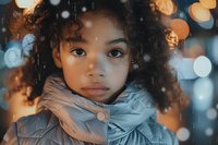 Young African American girl with curly hair wearing winter coat and scarf, looking at camera with gentle expression against blurred bokeh lights background.