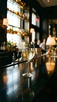 Glass of white wine on dark wooden bar counter in upscale restaurant with warm ambient lighting and blurred background for hospitality industry marketing.
