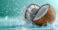 Fresh coconut split in half with white flesh showing, surrounded by dynamic water splashes and droplets against turquoise background, creating refreshing tropical mood.