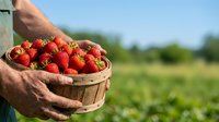 Farmer holding wooden basket filled with fresh ripe strawberries in agricultural field during harvest season for farming and agriculture concepts.