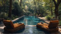 Luxurious swimming pool in tranquil forest setting with rattan loungers, orange cushions and natural stone decking surrounded by lush green trees and dappled sunlight.