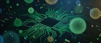 Glowing green circuit board pathways with digital nodes and particles on dark background, representing technology, data flow, artificial intelligence, and network connectivity for digital innovation concepts.