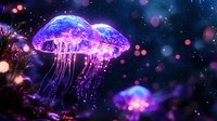 Luminescent jellyfish floating in deep cosmic waters with glowing tentacles and bioluminescent particles against starry dark background creates magical atmosphere.
