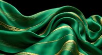 Luxurious emerald green silk fabric with golden accents flowing in elegant waves, creating dramatic folds and curves for premium fashion and textile design.