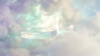 Empty glass cylinder platform floating in dreamy pastel clouds with soft rainbow lighting for product display and presentation backgrounds.