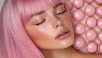 Young woman with pink hair and natural makeup in peaceful expression against pink bubble background, eyes closed, representing beauty and serenity.