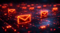 Glowing orange email envelope icons floating over digital circuit background with particles, representing electronic communication and data transfer network.