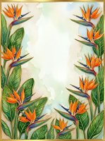 Watercolor bird of paradise floral frame with orange blooms and lush green leaves, gold border, soft background with copy space for text.