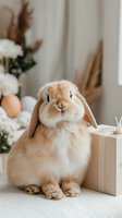 Adorable lop-eared rabbit with cream and tan fur sitting beside wooden box in cozy interior with white flowers and neutral decor.