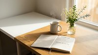 Cozy morning workspace with open book, coffee mug and fresh flowers on wooden desk by sunny window creating peaceful study atmosphere for productivity.
