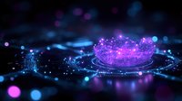 Glowing purple crown on dark background with blue bokeh lights and network connections, magical royal symbol floating in digital space.