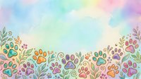 Colorful paw prints and botanical elements border a soft pastel watercolor background, perfect for pet-related designs, greeting cards, and children's illustrations.