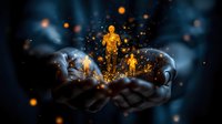 Cupped hands holding glowing golden human figure with magical light particles and bokeh effects on dark blue background for spiritual concepts.