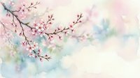 Delicate cherry blossom branches with pink flowers on soft watercolor background in pastel tones for spring designs and romantic projects.