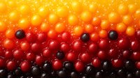 Fresh colorful berries arranged in gradient rows from yellow to orange, red and black creating vibrant natural pattern, macro food photography for healthy eating concept.