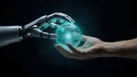 Robotic hand and human hand exchanging glowing digital globe representing global technology partnership, artificial intelligence collaboration, and future innovation in business and communication.