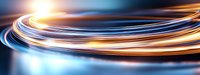 Abstract glowing light trails creating dynamic curved lines in blue and orange colors against dark background, motion effect with blurred streaks.