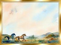 Watercolor illustration of two horses galloping through rural countryside landscape with mountains and golden frame border, suitable for equestrian art, home decor, and editorial design projects.