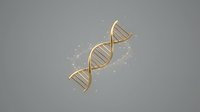 Golden DNA double helix structure with glowing particles on gray background for medical research and biotechnology presentations.