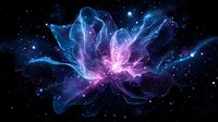 Cosmic flower blooming in deep space with glowing blue and purple ethereal petals, mystical nebula formation against starry background creates magical celestial art.