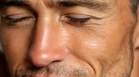 Close-up portrait of middle-aged Caucasian man with eyes closed, showing facial details, stubble, and natural skin texture. Perfect for wellness or mindfulness concepts.