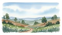 Watercolor landscape painting with rolling hills, winding path, and lush greenery under cloudy sky for nature art and countryside decor projects.