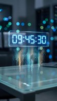Futuristic digital clock display showing time with glowing circuit board patterns and holographic interface in modern tech environment with bokeh lights.