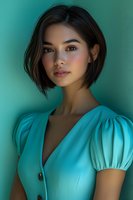Young Asian woman with short dark hair wearing turquoise puff sleeve dress against teal background. Professional portrait with soft lighting highlights natural makeup and confident pose.
