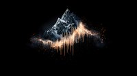 Abstract mountain soundwave visualization with glowing orange audio spectrum bars emerging from dark crystalline peaks against black background, modern music concept.