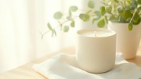 Minimalist white scented candle in ceramic holder with eucalyptus plant on windowsill, soft natural morning light creating cozy atmosphere for wellness and relaxation.