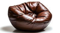 Luxurious brown leather bean bag chair with deep cushioning and soft folds isolated on white background, suitable for modern interior design and furniture catalogs.
